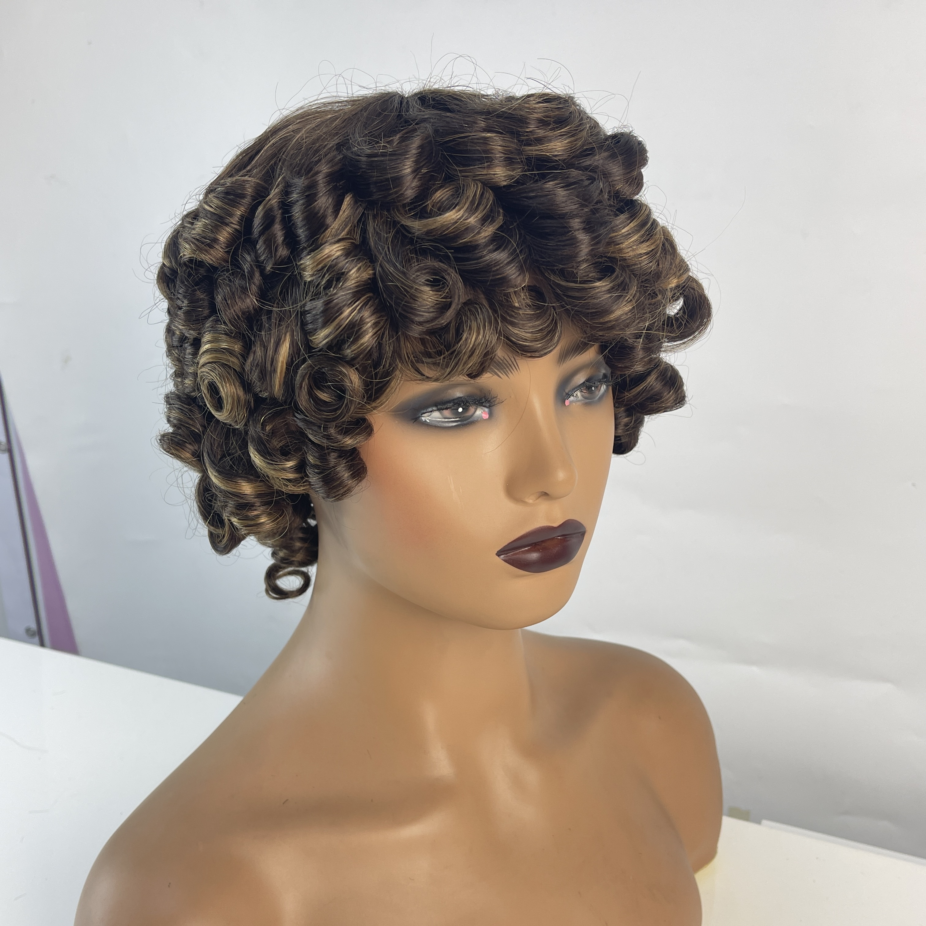 Short Curly Wig for Black Women with Bangs Bouncy Fluffy Kinky Curly Human Hair 2 Tone Ombre Darkest Brown Short Curly Afro Wig