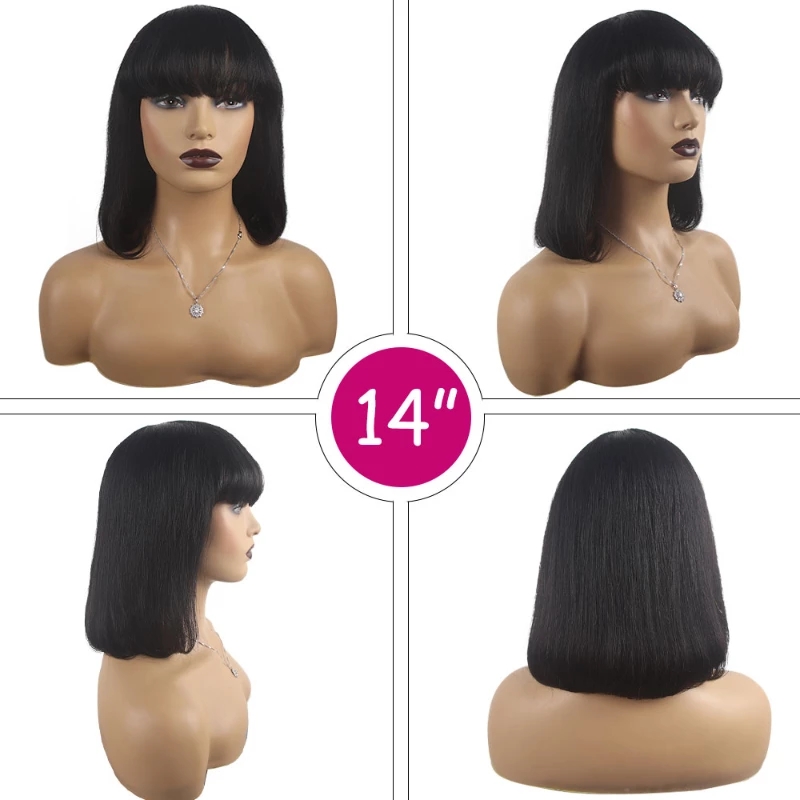 Black Bob Wig with Bangs Full Machine Made Short Straight Bob Wigs for Black Women 8 10 12 14 16 Inch
