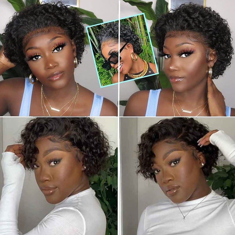Short Curly Wig Human Hair Pixie Cut Kinky Curly Human Hair Lace Part Wigs 