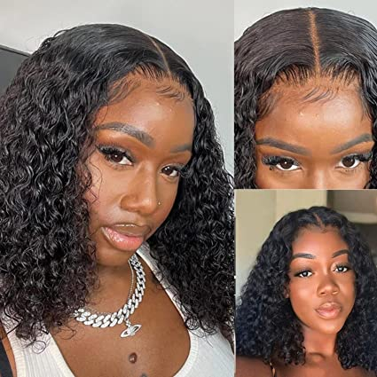 14inch Short Bob Wigs 4x4 Lace Closure Wigs Brazilian Curly Wave Human Hair
