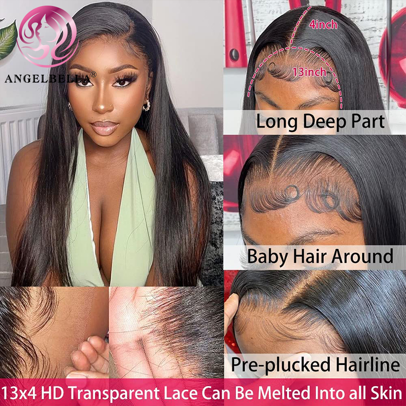 AngelBella Glory Virgin Hair 13X4 1B# Straight Glueless 150% Density Brazilian Virgin Human Hair HD Lace Frontal Wigs Pre Plucked with Baby Hair