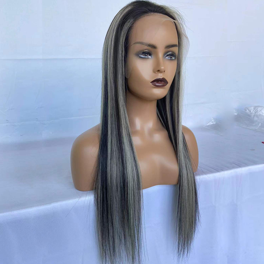 Grey Highlights Straight Mixed Color Honey Blonde Lace Front Wig Human Hair