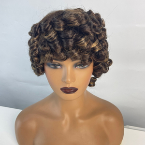 Short Kinky Curly Wig for Women Black Ombre Brown Human Hair Wigs Big Bouncy Fluffy Wavy Curly Wig