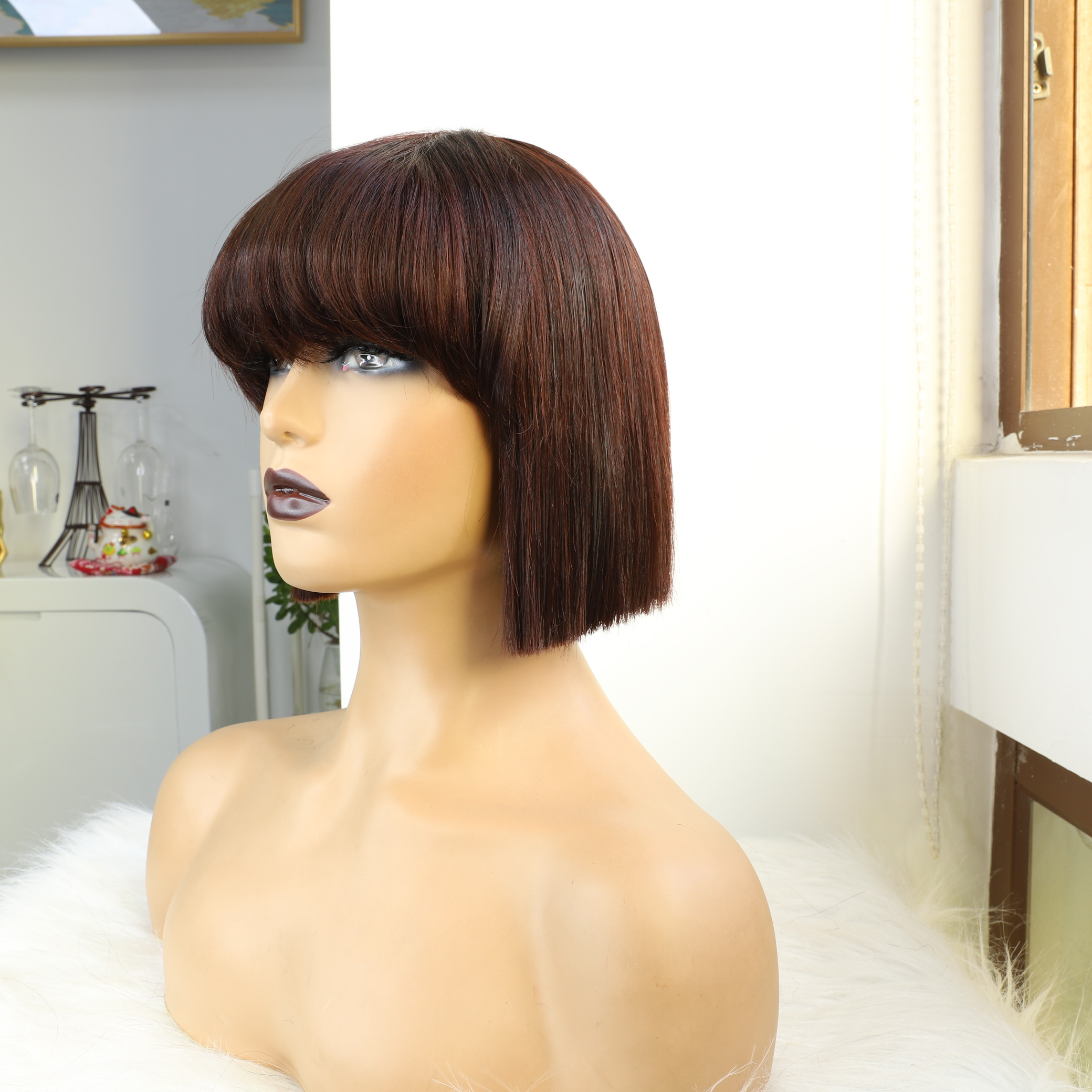 Short Bob Human Hair Wig With Bangs for Women Straight Remy Hair Wigs Dark Brown