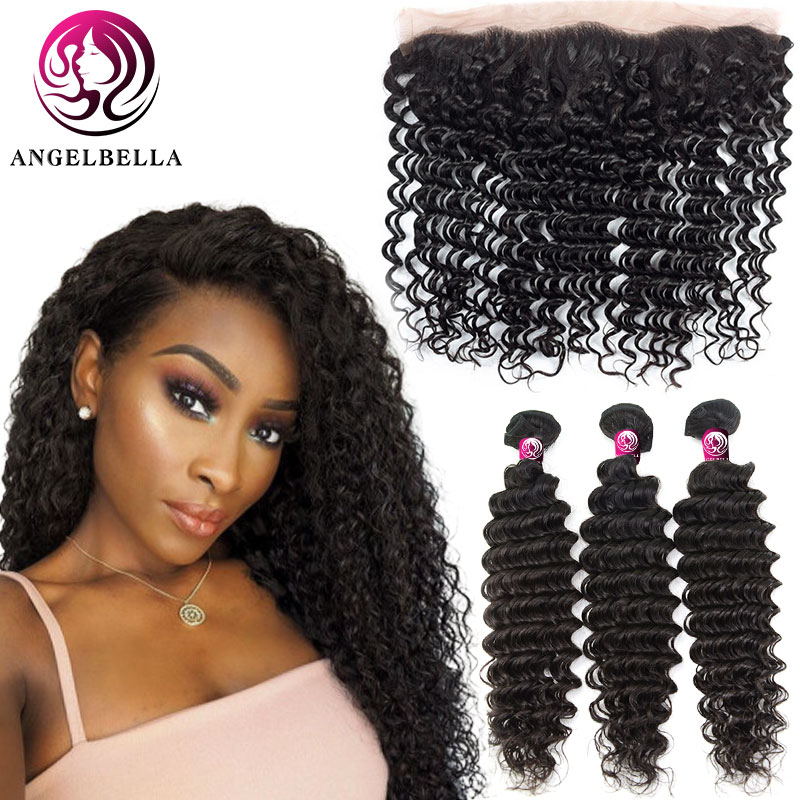 Brazilian Hair Weave Bundles with Frontal Closure Deep Wave Bundles with Frontal 