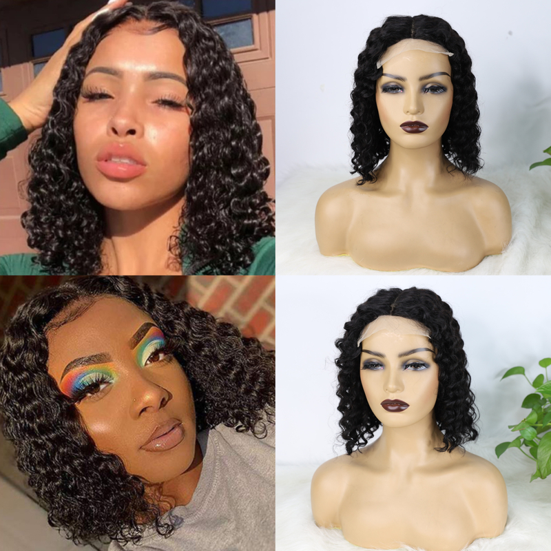 Short Deep Wave Lace Closure Bob Wig T Part 4x1 Remy Human Hair