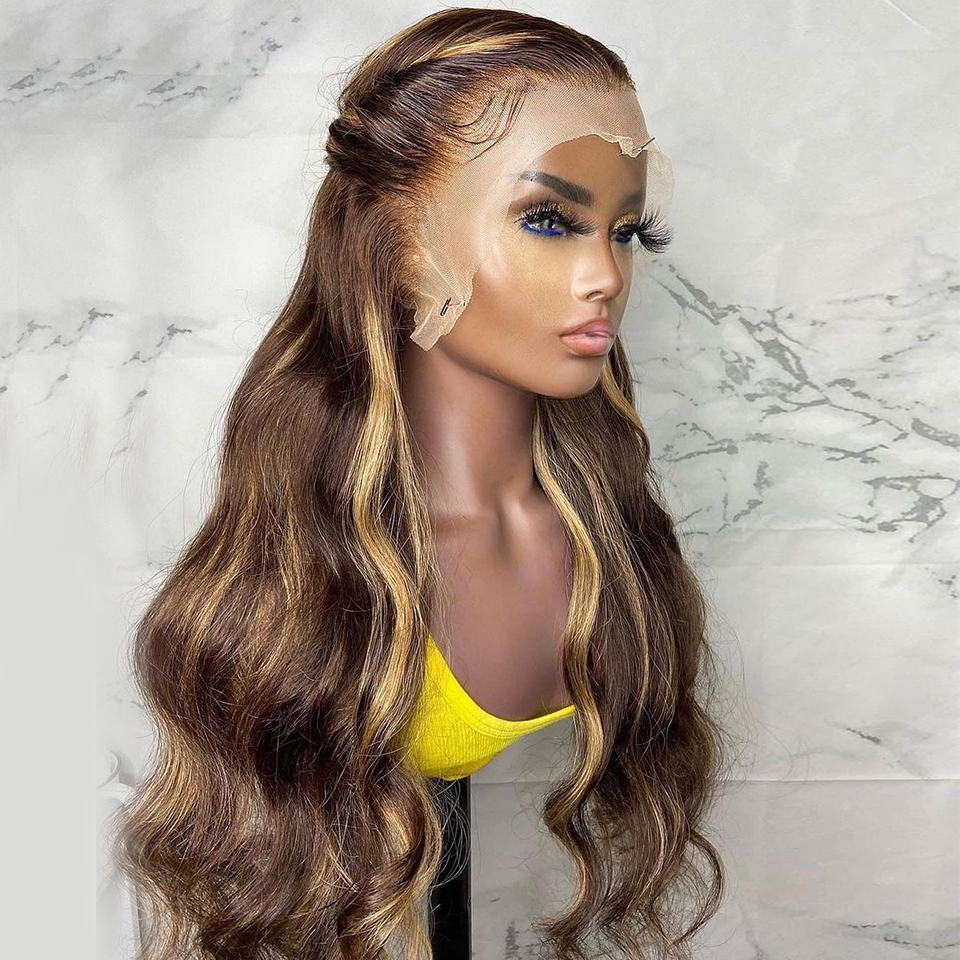 Body Wave Honey Blonde Lace Front Highlight Human Hair Wig