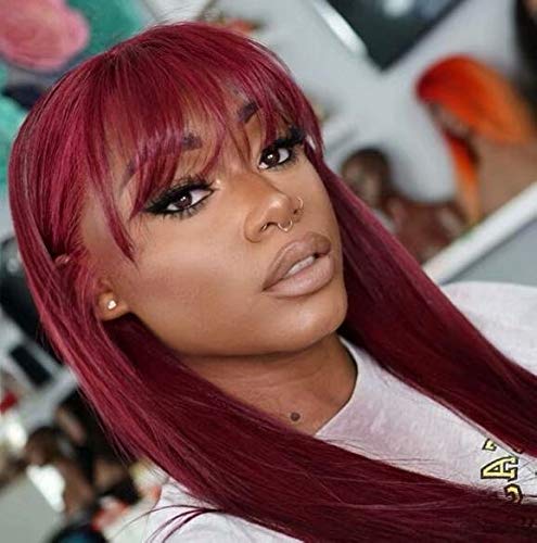 99J Bob Wigs Lace Front Straight Red Human Hair 14inch Burgundy