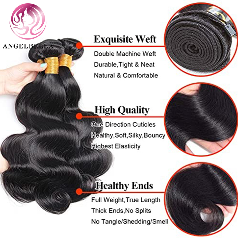 Angelbella Queen Doner Virgin Hair Brazilian 1B# Body Wave Unprocessed Huamn Hair Bundles