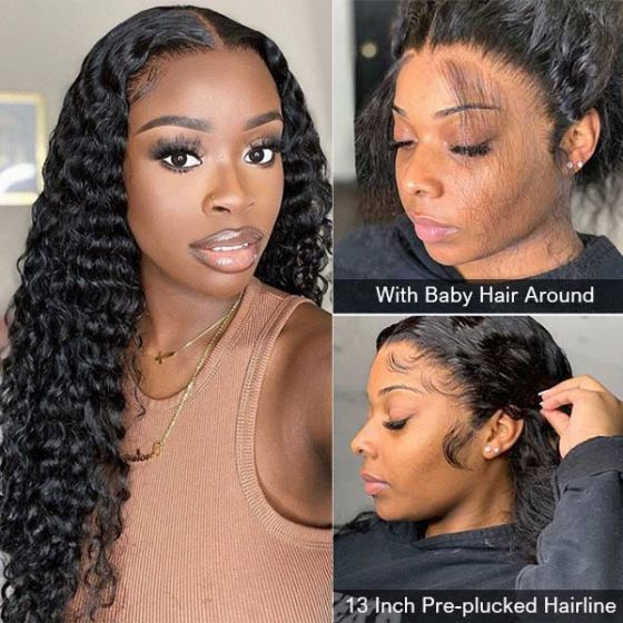 Transparent Deep Wave Lace Frontal Human Hair Wig Middle Part