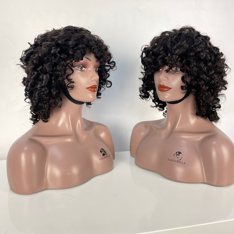 Short Curly Human Hair Wigs with Bangs Soft Fluffy Bouncy Curly Human Hair Wig