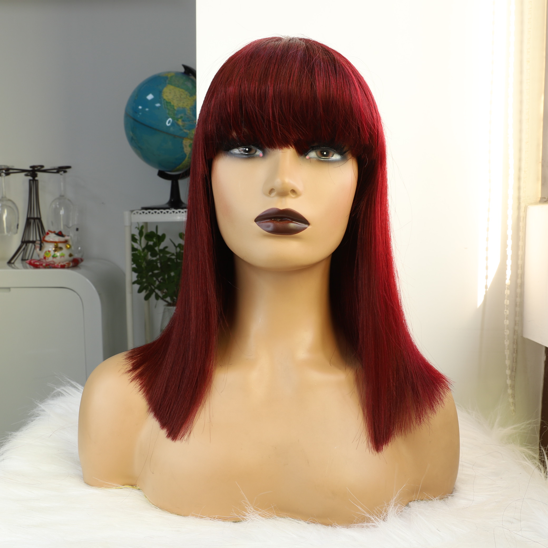 Remy Hair Glueless Lace Front Human Hair Wigs Red Burgundy 99J Color 150% Density Straight Human Hair Wig With Bang