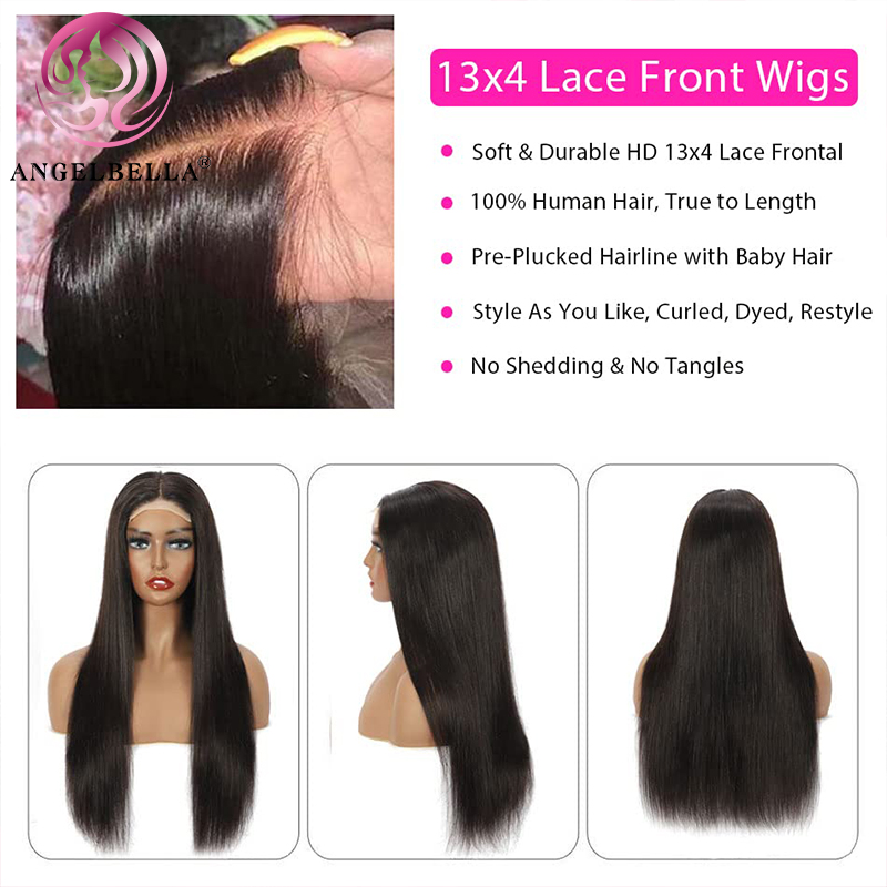 AngelBella Glory Virgin 13X4 1B# Straight Hair Pre Plucked Human Hair HD Lace Front Wigs