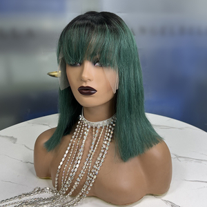 High Quality Wholesale Vendors Natural Human Hair Lace Front Straight Green Short Bob Hair Wig With Bangs