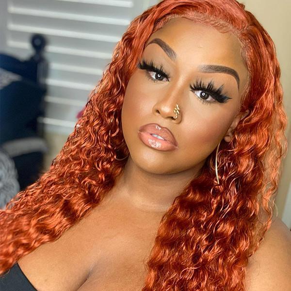 Wholesale Wigs Curly Human Hair Wigs Wine Ginger Brazilian Remy Water Wave Lace Front Wig 180% Pre Plucked