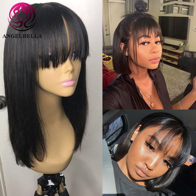 100 Human Hair Bob Wigs with Bangs for African American Bone Straight Bob Wigs Party City