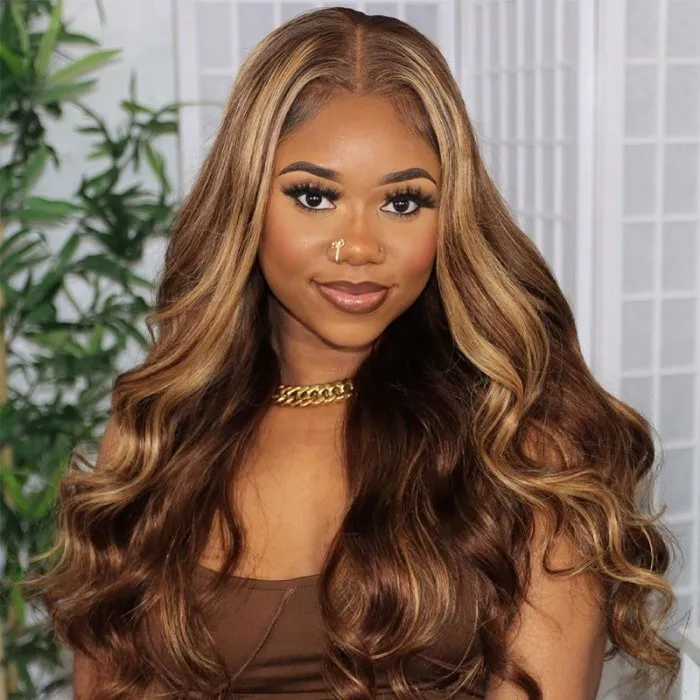 Highlight Wig Brown Lace Front Human Hair Wigs Body Wave 13x4 Transparent Lace Frontal Wig For Women