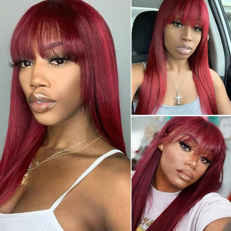 99J Red Bob Remy Wigs With Bangs 10inch Machine Made Wig Burgundy