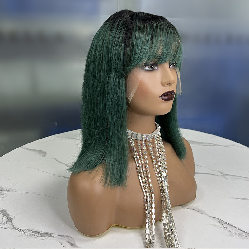 Green Short Straight Bob Wig Heat Resistant Hair With Blunt Bangs Natural Looking Cosplay Costume Daily Wigs