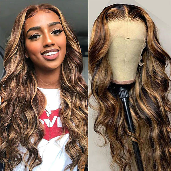 Highlight Wig Brown Lace Front Human Hair Wigs Body Wave 13x4 Transparent Lace Frontal Wig For Women