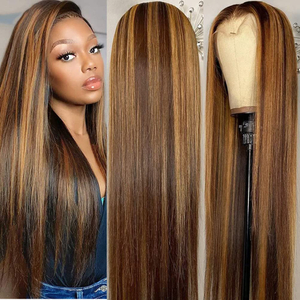 100% Human Brown Hair with Blonde Highlights Straight Wigs
