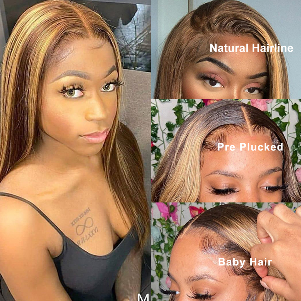 Highlight Ombre Lace Front Wig Human Hair Pre Plucked 13x4 HD Transparent 4/27 Honey Blonde Lace Frontal Wigs with Baby Hair