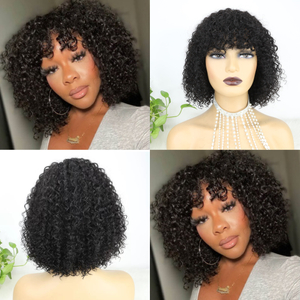 Jerry Curly Human Hair Wigs for Black Women with Bangs Natural Color