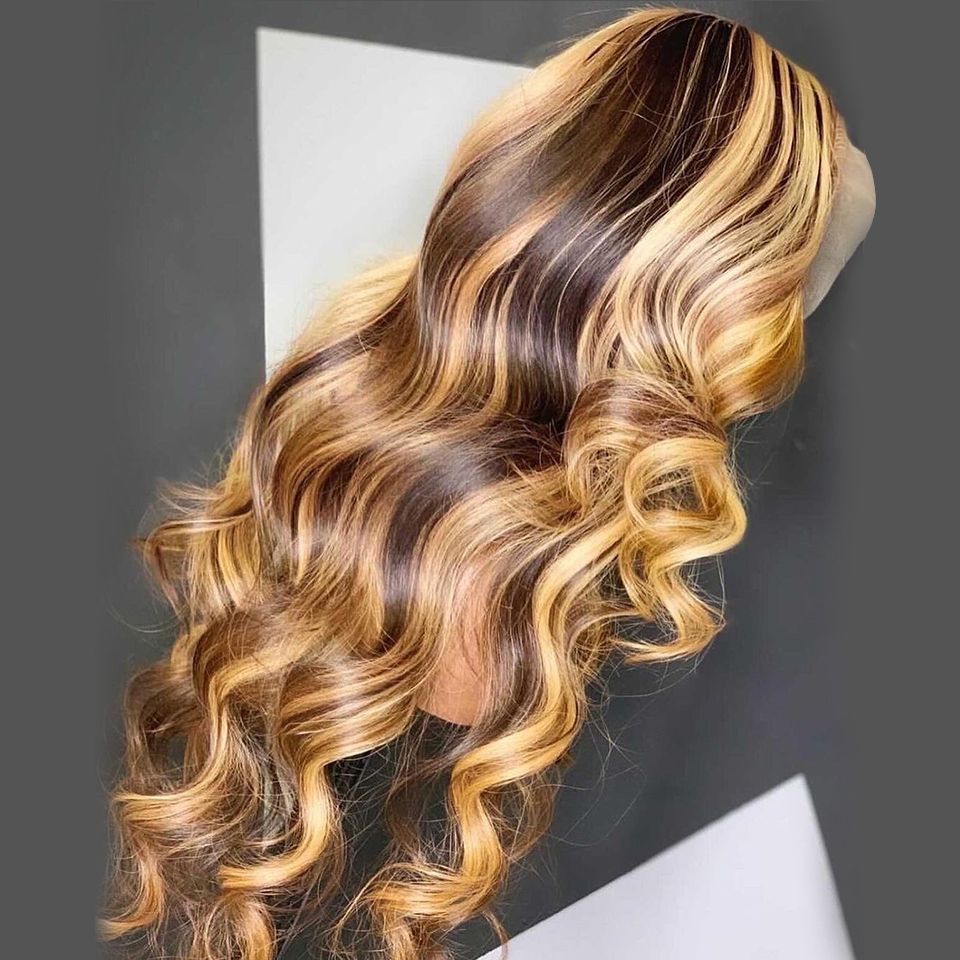 Body Wave Honey Blonde Lace Front Highlight Human Hair Wig