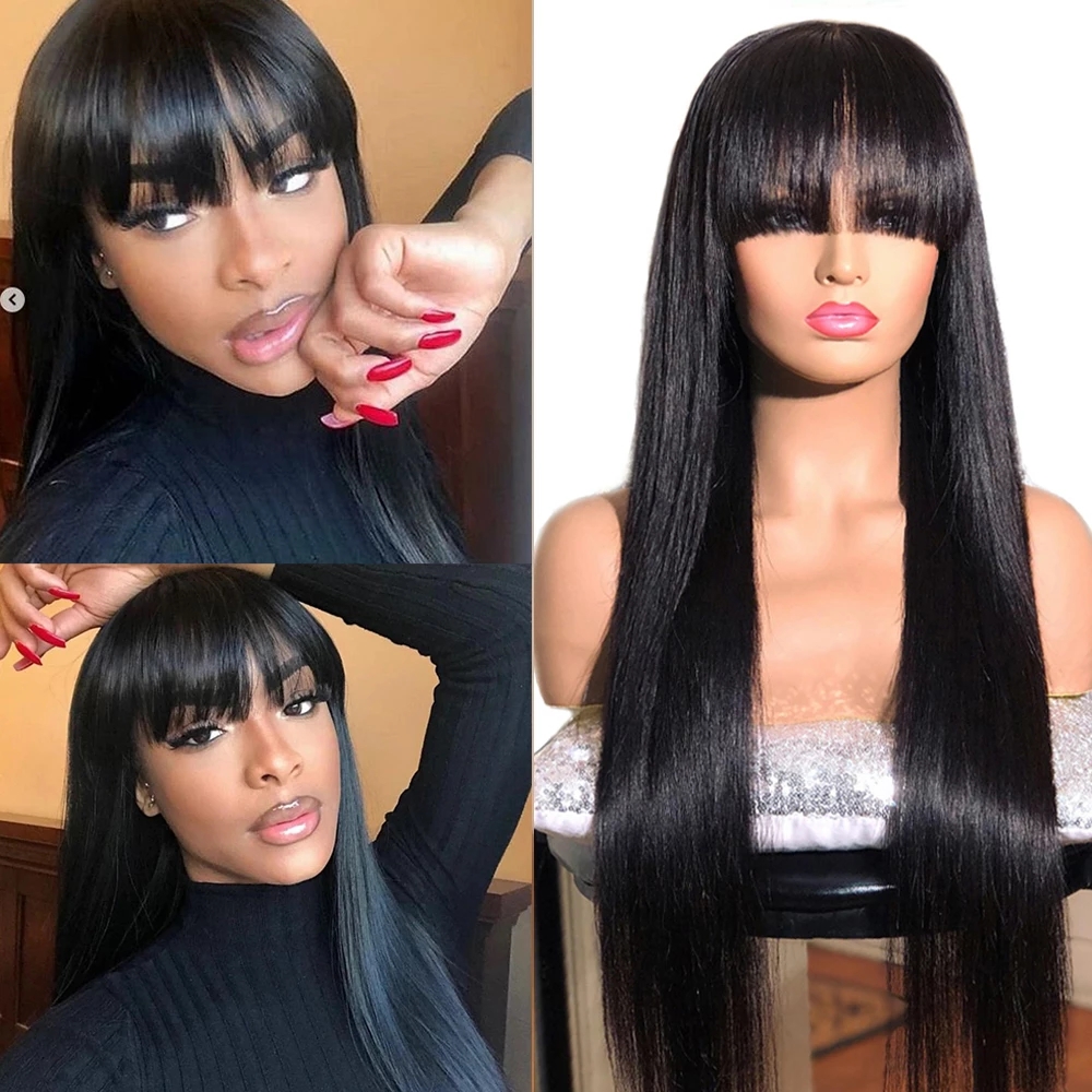 10A Brazilian Wig with Bangs 150% Density Full Machine Made Wigs Human Hair Glueless Natural Color